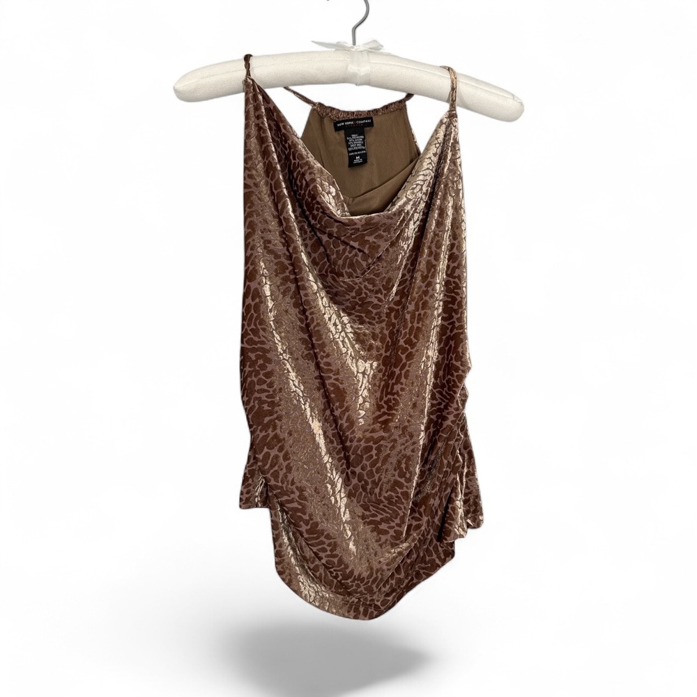 New York & Company Copper Burnout Velvet Halter Top Metallic Animal Print M EUC